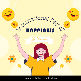 international day of happiness banner template happy girl smiley emoticon petals decor