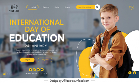 international education day landing page template cute boy posing sketch modern realistic design