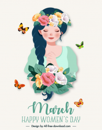 international womens day poster template cute cartoon girl flower butterflies