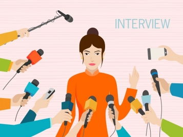 interview background woman reporter microphone icons cartoon design