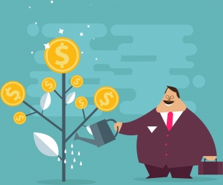 investment background fat man tree gold coins icons