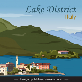 italian lake district scenery advertising banner template elegant classical design mountain residential houses sketch