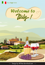 italy advertising poster template field scenery wine grapes sketch
