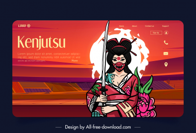 japan advertising poster frightening geisha warrior in kimono costume sketch cartoon design
