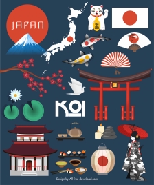 japan design elements retro national emblems sketch
