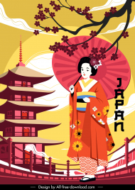 japan poster template elegant classical kimono lady castle sun cherry blossom sketch