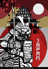japan poster template flat handdrawn warrior sun castle sakura decor