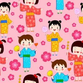 japanese background traditional boy girl icons repeating design