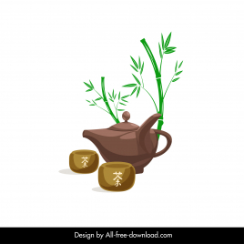 japanese tea set icon bamboo cup pot sketch