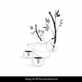 japanese tea set icon black white handdrawn bamboo cup pot outline