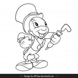 jiminy cricket icon black white handdrawn sketch cute cartoon character