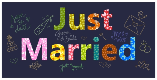 just married template design with hand drawn ornament