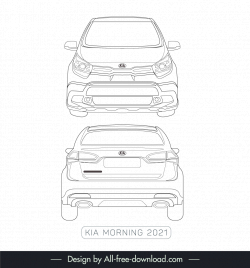 kia morning 2021 car lineart template black white handdrawn front view back view outline