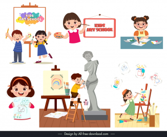 kids art school design elements cute cartoon characters