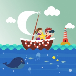kids background sailing marine species icons cartoon design