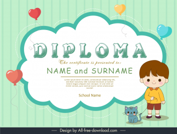 kids diploma template cute cartoon boy heart balloons kitten cartoon