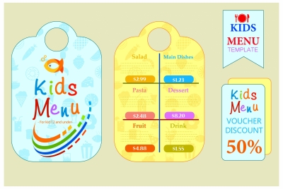 kids menu sets design with colorful cute styles