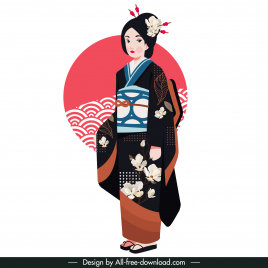 kimono japan lady icon traditional costume sun decor cartoon character