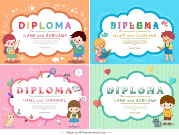 kindergarten diploma template collection cute cartoon school elements