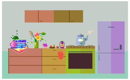 kitchen arrangement design with colored flat style
