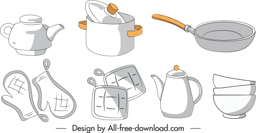 kitchen objects icons classic handdrawn sketch