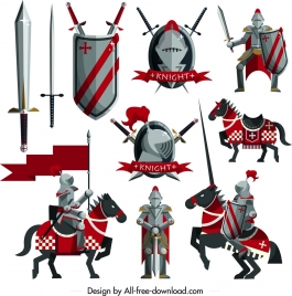 knight design elements sword shield horse armor icons