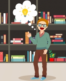knowledge concept background man lightbulb bookshelf icons