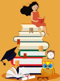 knowledge conceptual drawing reading girl huge books stack icons