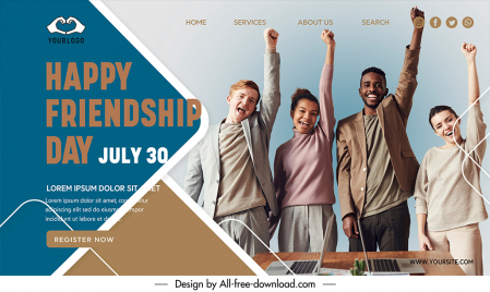 landing page happy friendship day template dynamic excited friends raising hands sketch modern realistic