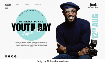 landing page international youth day template photographer smiling sketch modern realistic design