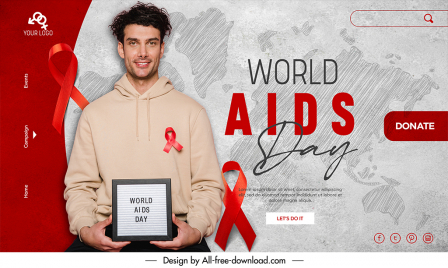 landing page world aids day template man donation world map handdrawn outline