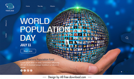 landing page world population day template modern sparkling light hand holding pictures balls sketch
