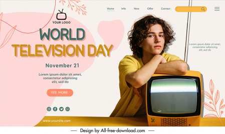 landing page world television day template young boy posing sketch modern realistic design