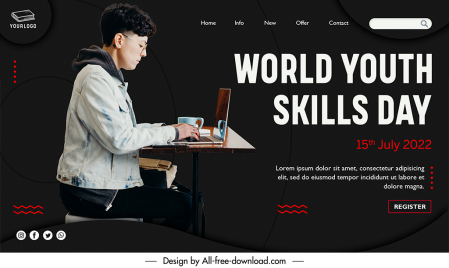 landing page world youth skills day template realistic working man sketch contrast design
