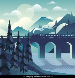 landscape painting train bridge mountain sketch dark classic