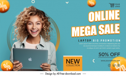 laptop big promotion banner template dynamic happy lady
