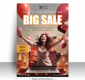 laptop big promotion poster discount template dynamic lady gifts balloons