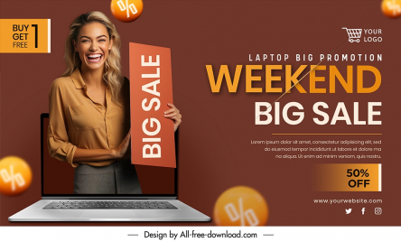 laptop big sale banner  template realistic   dynamic lady