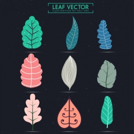 leaf icons collection colored shapes sketch isolation