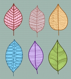 leaf icons collection multicolored flat handdrawn sketch
