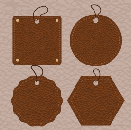 leather tags collection various brown shapes isolation