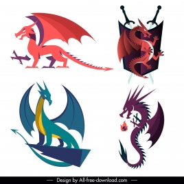 legendary dragon icons western design colored classic sketch