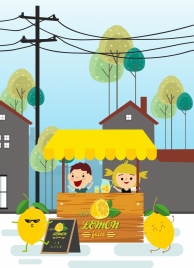 lemon juice advertisement stylized fruit cute kids icons