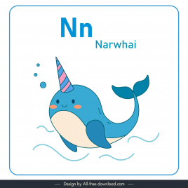 letter n alphabet design elements cute handdrawn cartoon narwhal