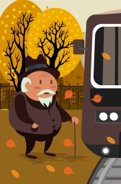 life drawing old man falling leaves bus icons