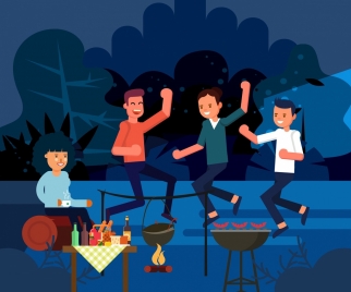lifestyle background cheering friends outdoor camping icons