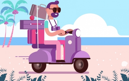 lifestyle background travel theme man scooter luggage icons