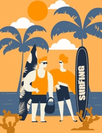lifestyle drawing people surfboard beach icons orange design