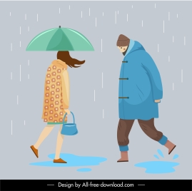 lifestyle icons walking people rainy sketch cartoon characters