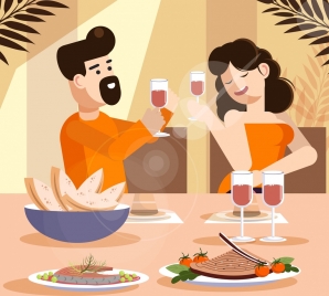 lifestyle painting cheering couple food dinner icons